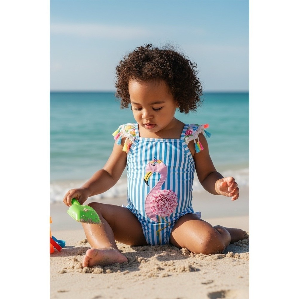 Aunavey Baby Girl One Piece Swimsuit 9-12 Months Blue Stripe Flamingo applique